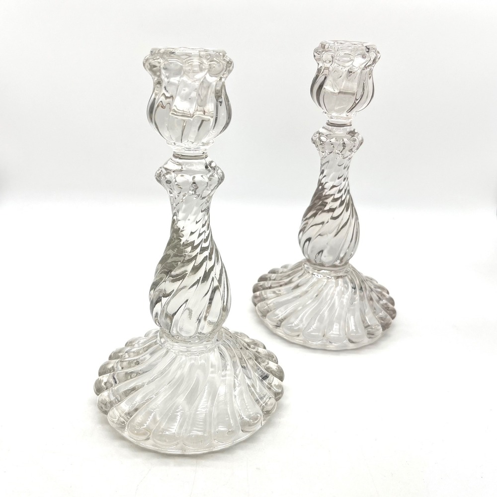 Baccarat Bambous Tors Crystal Candlestick Set French Swirl Glass Holders 8.5in